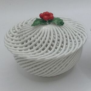 Vintage LEVANTE Porcelain Intricate Woven Basket w/Holly on Lid Made In Spain